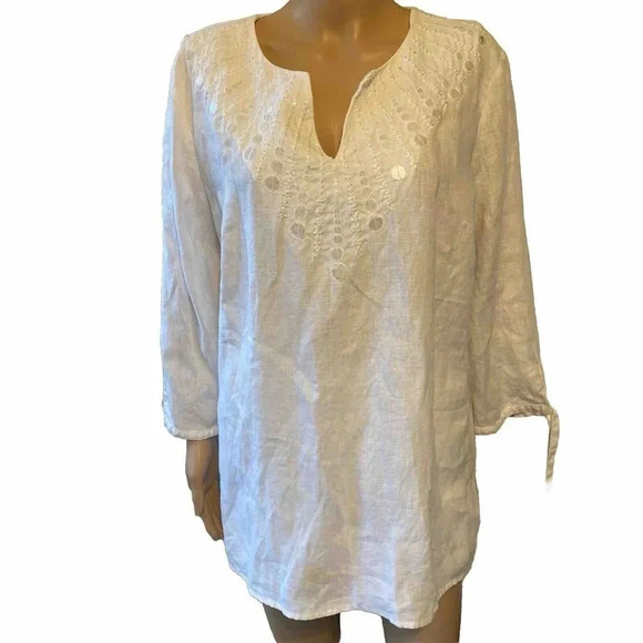 JM Collection Linen V Neck Top Blouse Sequin Artsy White Beads Embroidery Lady16 - Picture 1 of 10